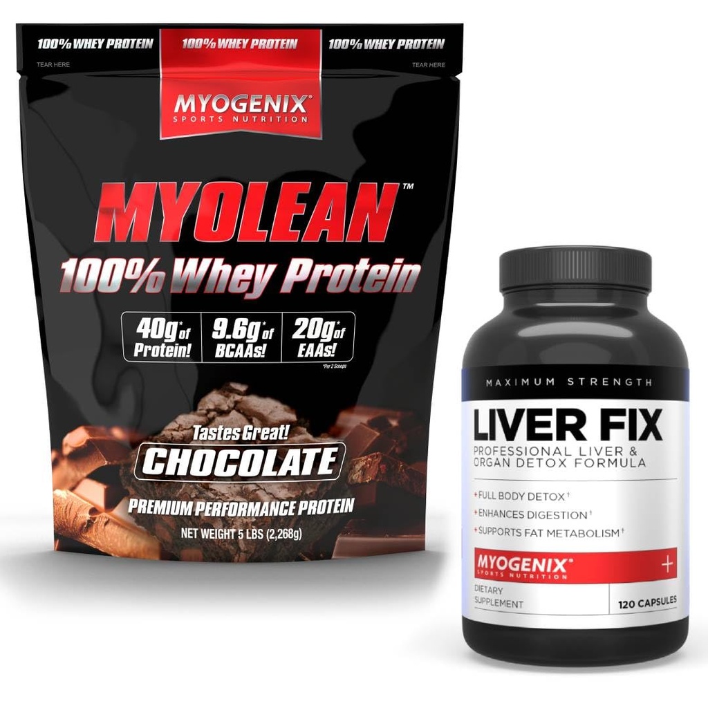 Myogenix Liver 支持补充 & Myolean 巧克力 Whey 蛋白 – 高级肝脏健康与肌肉复苏,配有 40g 高蛋白 Whey – 支持解毒,生长与性能