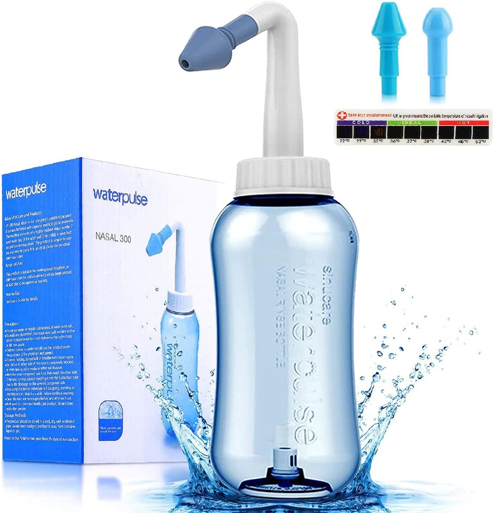 Darate Neti Pot Sinus Rinse瓶,鼻水洗净压液喷射成人和婴儿BPA 免费粘贴温度计(300毫升)
