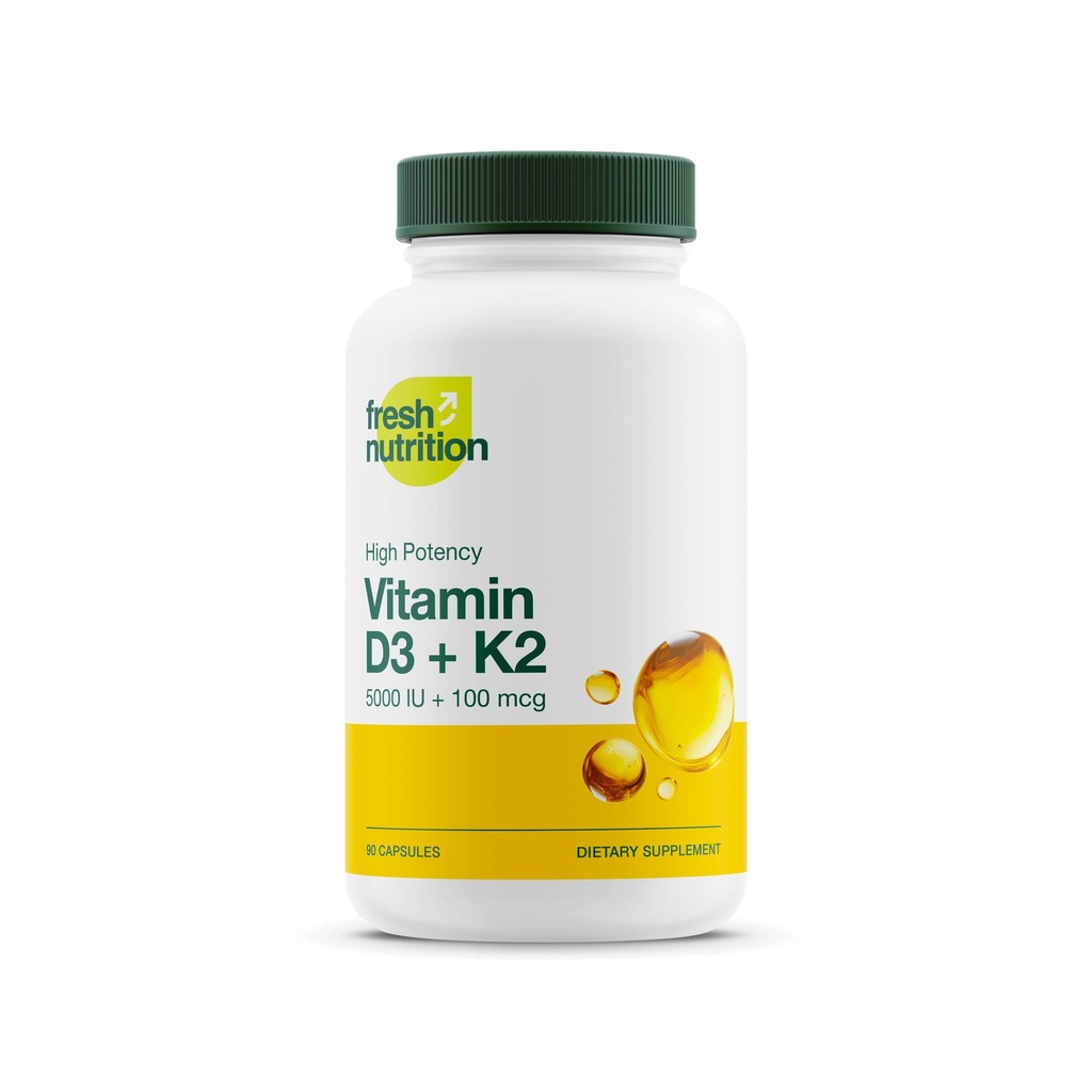 新鲜营养 维干 维生素 D3 + K2 Capsules - 5000 IU D3 + 100 mcg K2 作为 MK-7 用于最佳吸收 - 免疫健康,骨质健康, Mood - 非转基因 - 90 Capsules, 3个月供应量