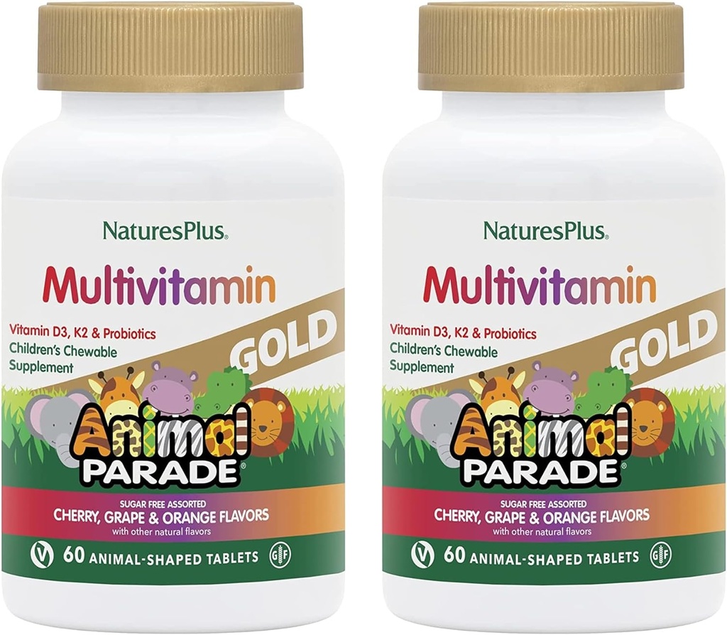 NaturesPlus 动物游行 金童多维特敏——各种樱桃,橘子和葡萄火焰——60块可切片,2包——蔬菜,格鲁滕免费——60个总服务