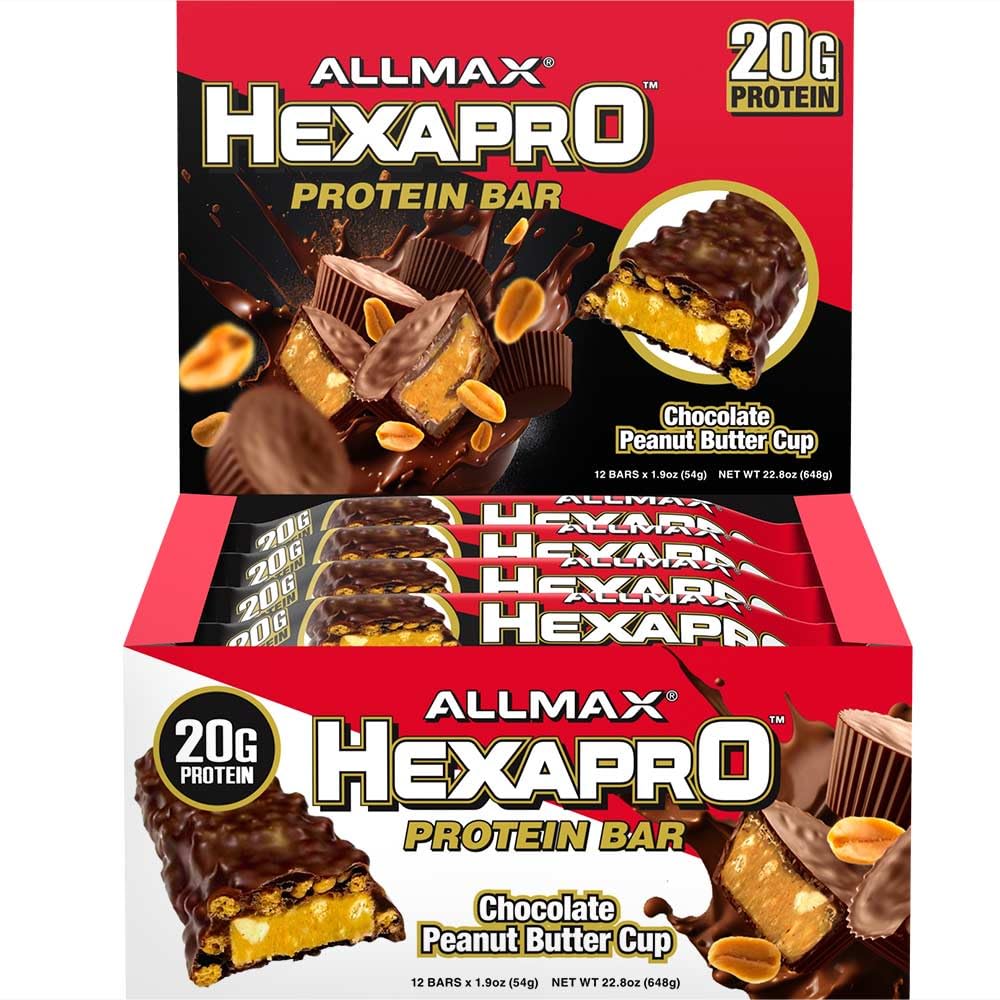 AllMAX HEXAPRO PROTEIN BAR,巧克力花生酱杯 - 12包 - 高蛋白能量小吃 - 20克蛋白质 – 20克蛋白质