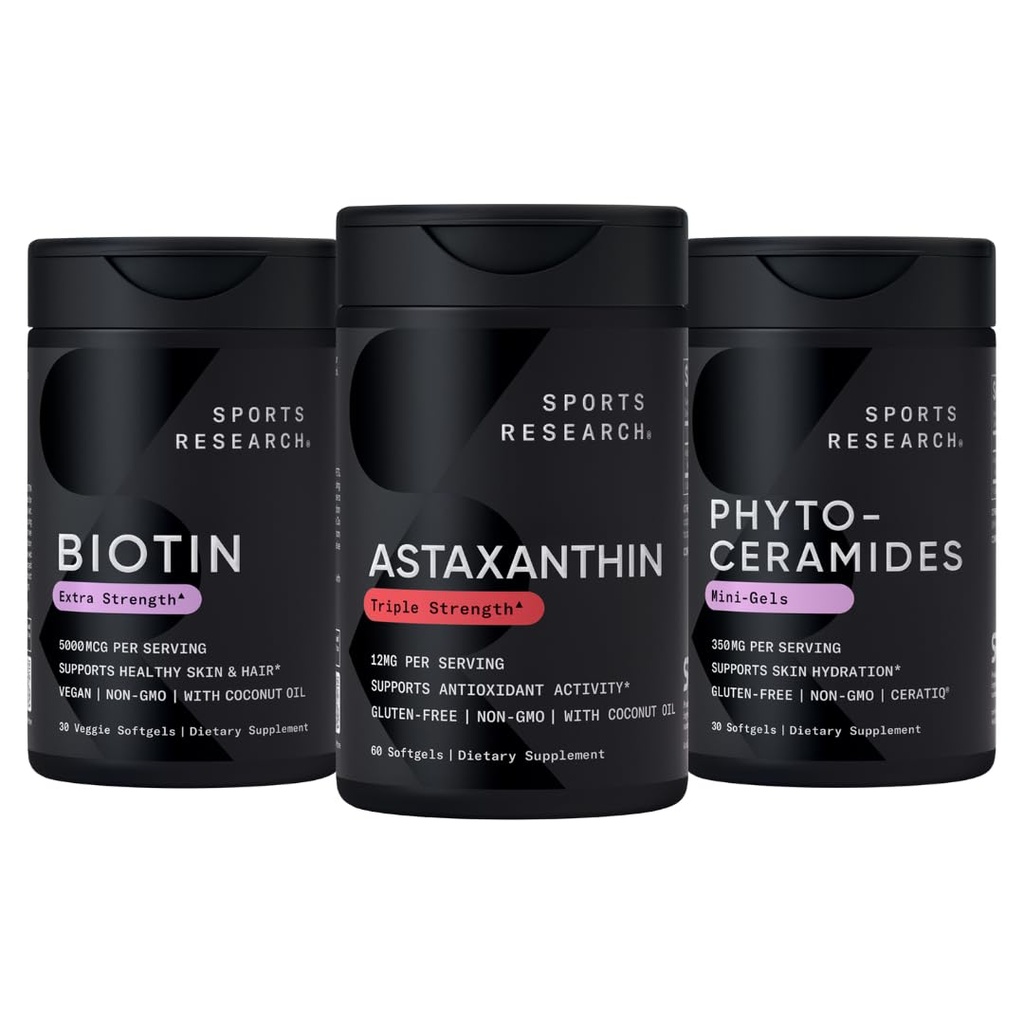 健康皮肤和头发支持- Vegan Biotin 10,000 mcg 配有椰油、三强Astaxanthin 12 mg 和 Phytoceramides 350 mg / Softgel → 非 GMO → Vegan → 无胶