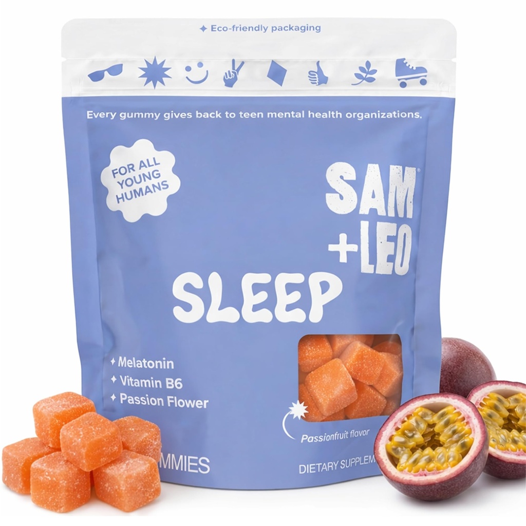 SAM+LEO 与梅拉托宁,Passion Flower & Vitamin B6 一起为孩子和青少年提供睡眠Gummys – Gentle Sleep Aid Gummys for Restful Sleepful Sleep Flee, Vegan & Gluten Free, Passion Fruitvor (60 cm) (英语).