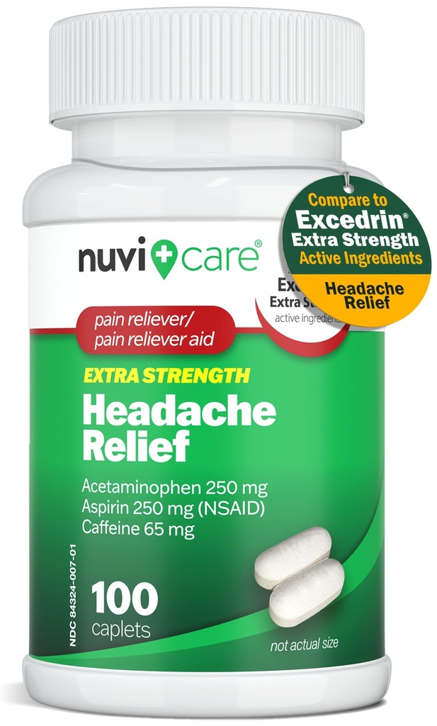 头痛缓解 乙酰氨基苯 250毫克,阿司匹林(NSAID) 250毫克,咖啡因 65毫克 -- -- 暂时缓解小痛和疼痛 -- -- 与Excedren Extra strong pain Reliver(100卡)相比