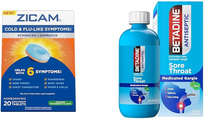 与Betadine Sore Throat Gargle、Echinacea和Sambucus Homopathic牌匾、20 Counter & 8 FL OZ 的齐卡姆冷症状缓解