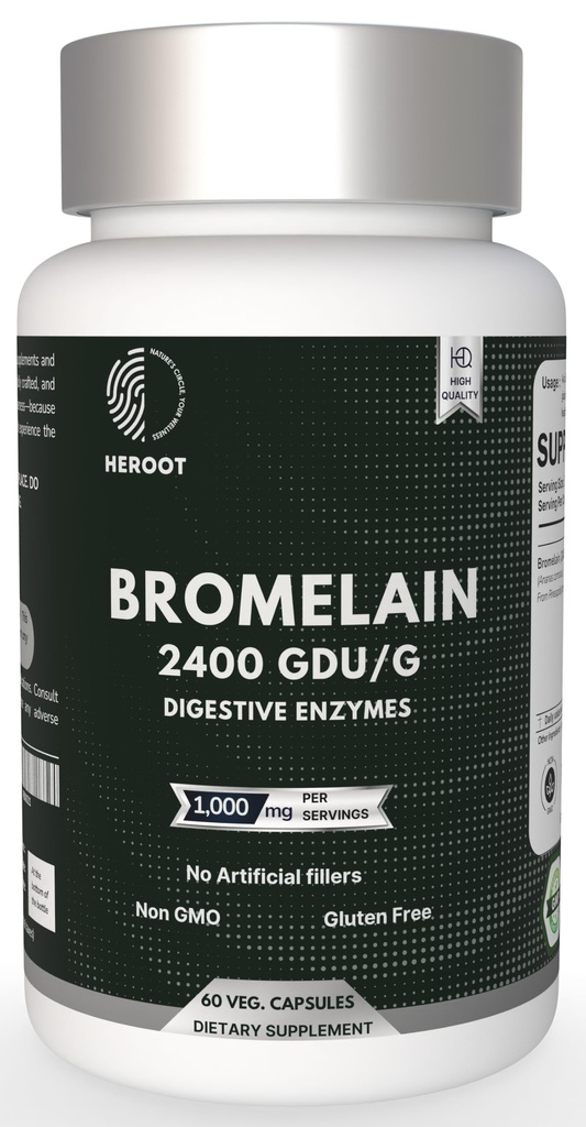 Bromelain 500mg → 60 Plant-based Capsules → 2400 GDU Potency → 支持联合健康与文摘 → 无防腐剂或人工添加剂