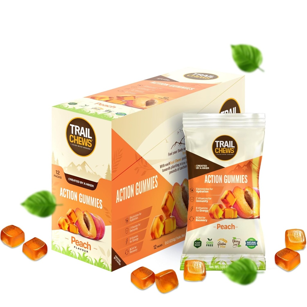 – Peach Flavor – 4-in-1 Energy Gummys for Energy, 水利,豁免,回收. 助力耐力与性能. 以工厂为主的 & Gluten- Free. 12袋,每袋10个古米.