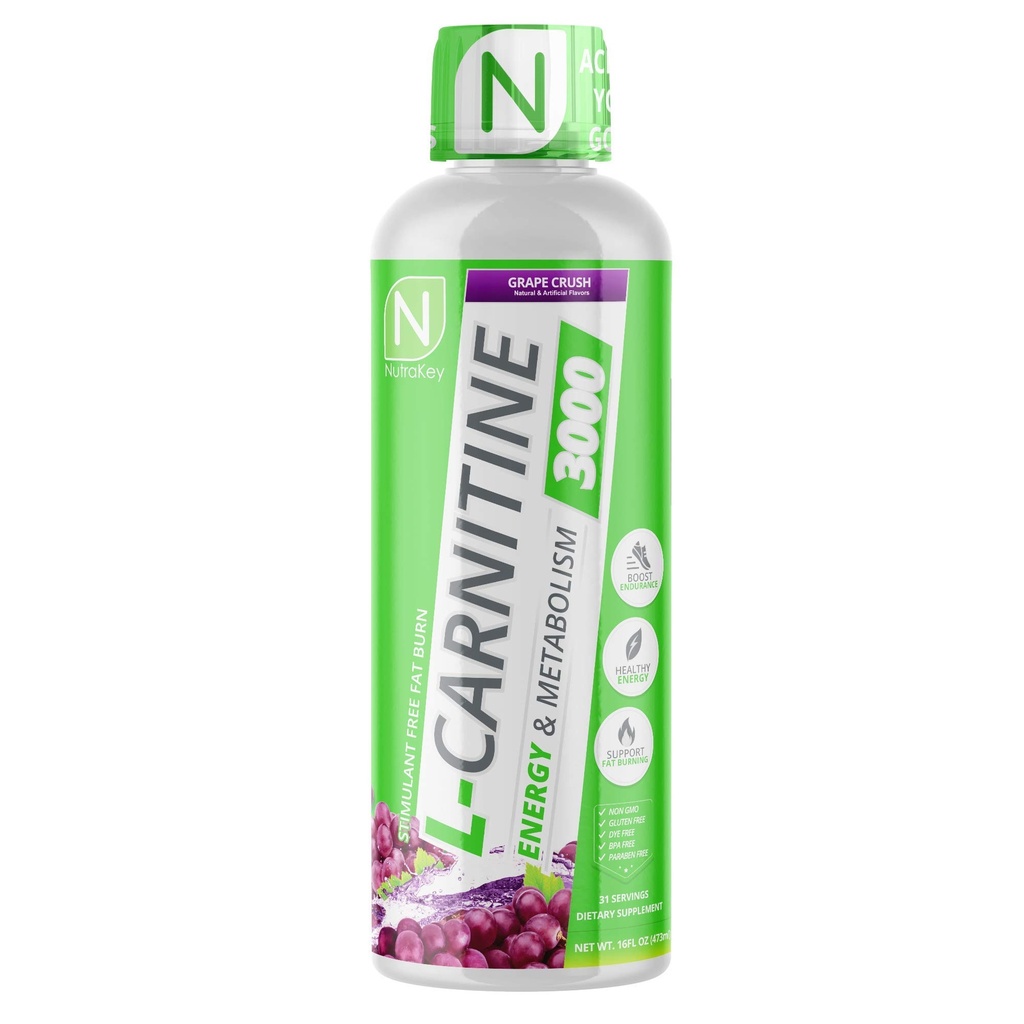 NutraKey L-Carnitine 3000mg, 无糖, Gluten 免费,转成燃料, (葡萄粉碎) 31次