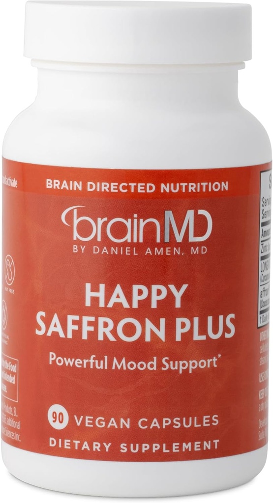 Amen BrainMD Happy Saffron Plus博士 - 90 Capsules, pack of 2 - 带有Saffron Flower, Curcumin & Zinc - Vegan, Gluten Free - 60 总服务