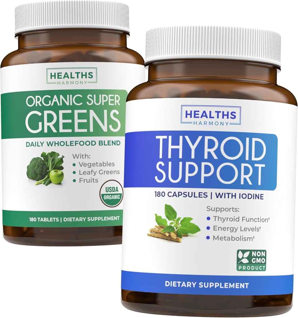 Super Greens & Throid Support (3-Month Supplement) 有机超级绿皮粉的甲状腺维生包 - 完整超食品(180 Capsules) & 甲状腺支持男女(Non-GMO)(180 Capsules)
