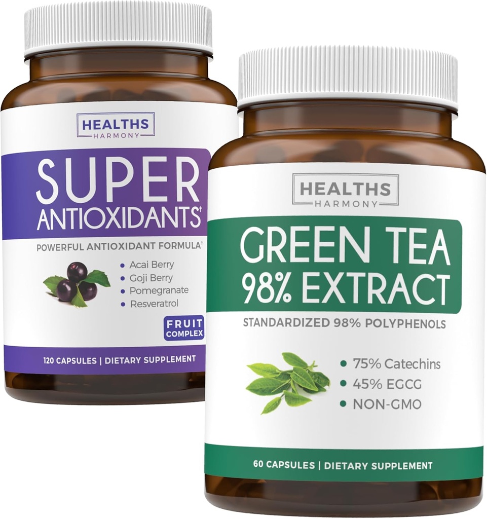 抗氧化剂与绿色茶叶提取(1-Month Supplement) 抗氧化剂绿色聚合剂 - 超级抗氧化剂 - 强力超级食品日报 Blend(120 Caps) & 绿色茶叶提取剂与EGCG Polyphenol Catechins(60 Caps)