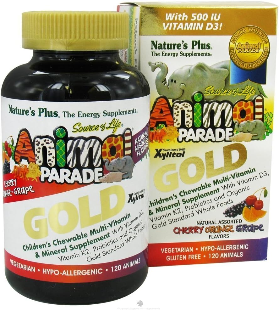 NaturesPlus 动物游行 金童多维特敏 - 各种樱桃,橙色和葡萄火焰 - 120 动物形状的可切片,包装 2 - Vegan, Gluten Free - 120 总服务