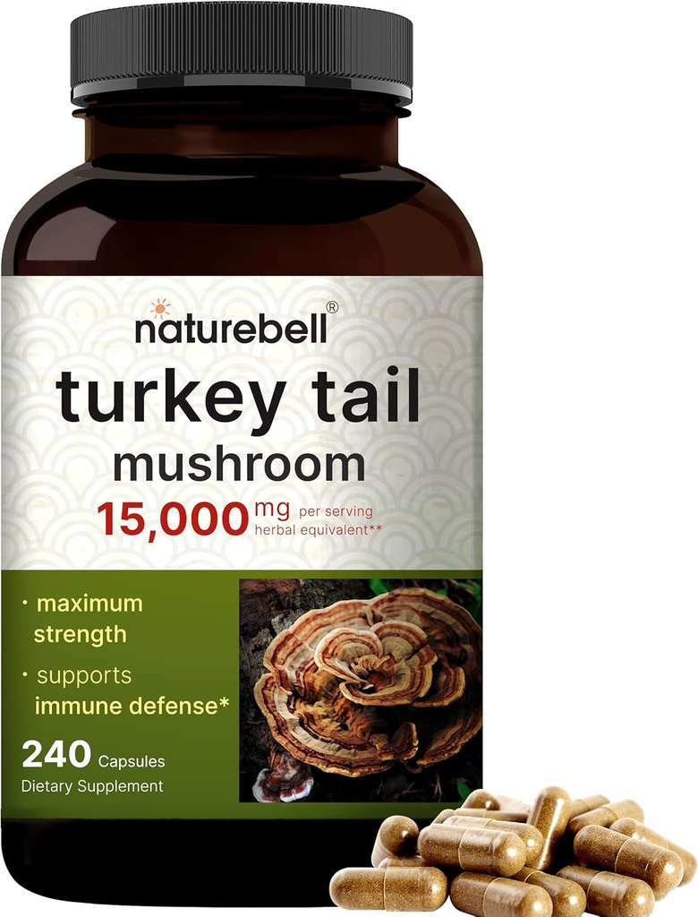 NatureBell Turkey Tail Mushroom Capsules 15 000 mg Per Service, 240 Counter QQ 25:1 果实体和菌丝提取器 – Imune & Brain Health Mushrooms 补编