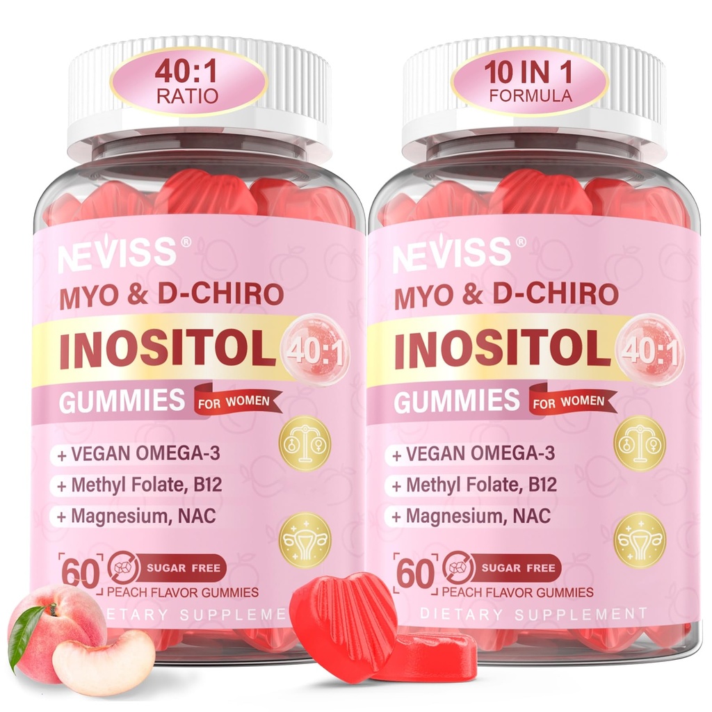 Myo-Inositol & D-Chiro Inositol Gummys for Women 2000mg + 50mg, 40:1 Inositol 与 Vegan Omega-3 + D3, 甘化镁, Methy Folate + B12 女性健康与健康,无糖, 120 吨