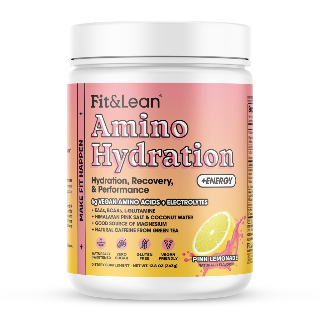 适应 & Lean 氨基水分加能,预研粉,6g Vegan Essemtial 氨基酸,EAA, BCAA, Glutamine, 电解剂和天然咖啡因, Pink Lemonade, 30 服务