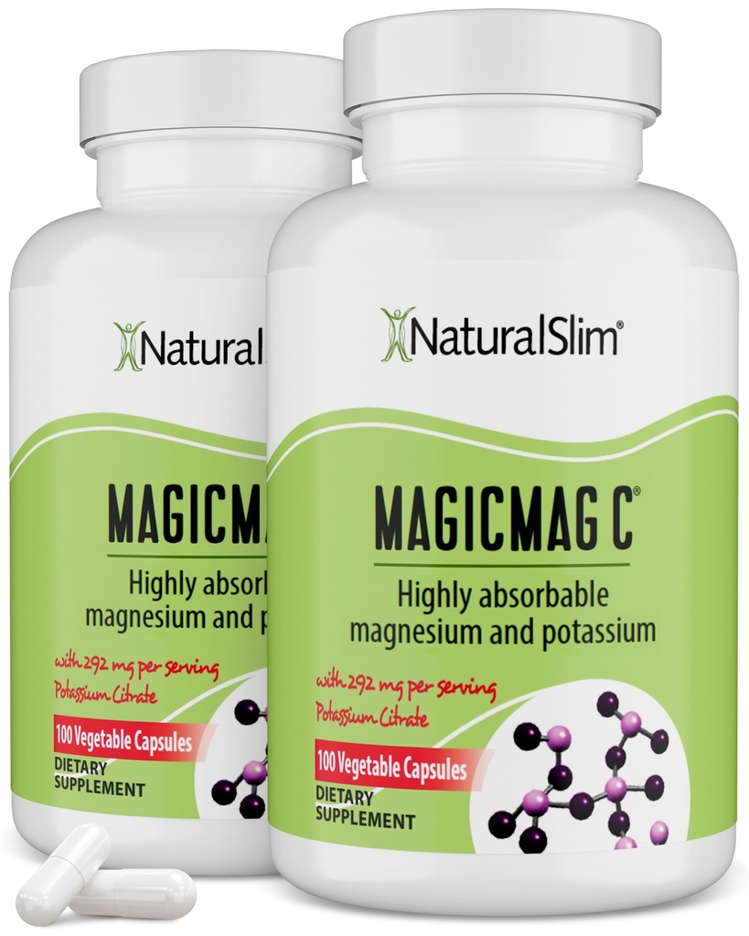 魔法Mag C by NaturalSlim, Magnesium Citrate with Potassium for Muscle Relax, Sleep 质素, Nerve 函数与电解质支持, Daily Magnesium Supplement for Mexile, 100 Capsules 2pk