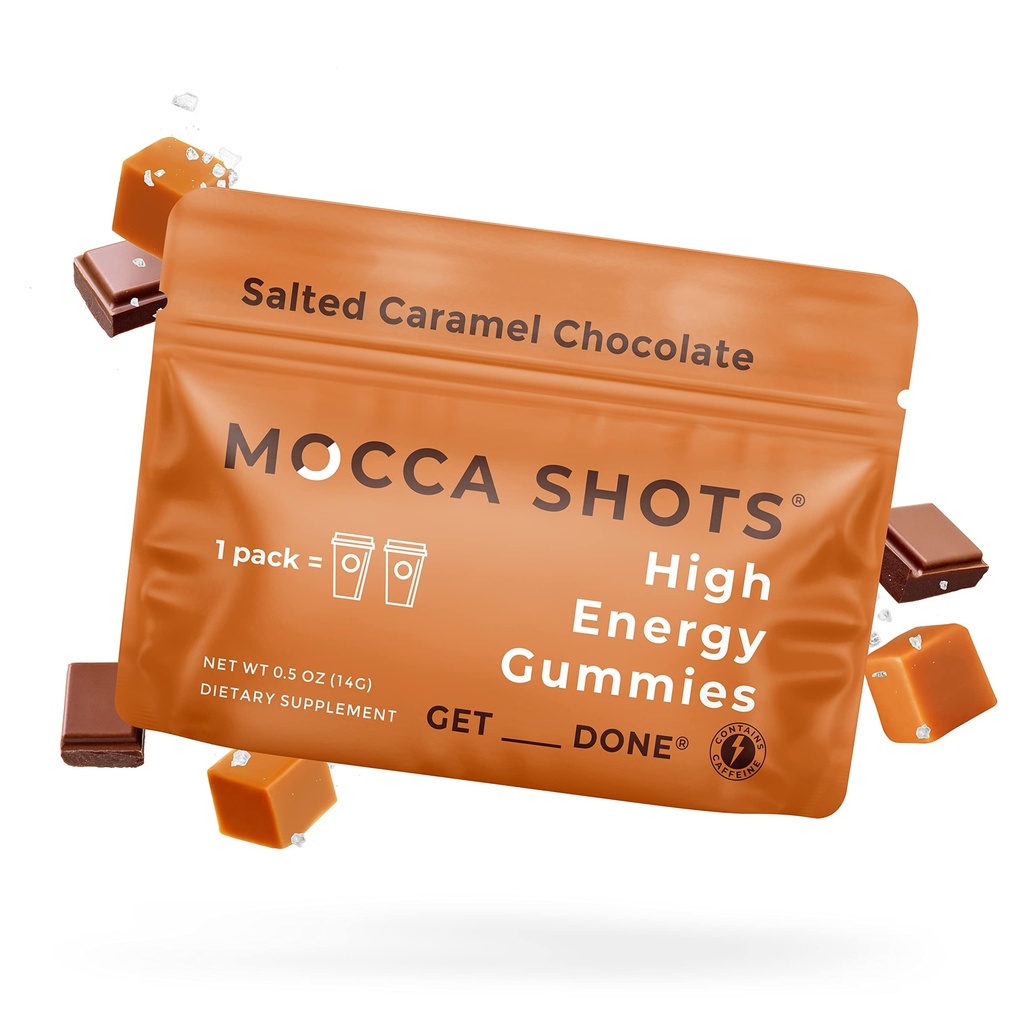 SGC最高浓度为每瓜米100mg的咖啡因,每包2Gummies,12Pack Mocca Shots 盐焦糖厂以新热带即时能源为主,配有Ginkgo biloba,Theobromine.