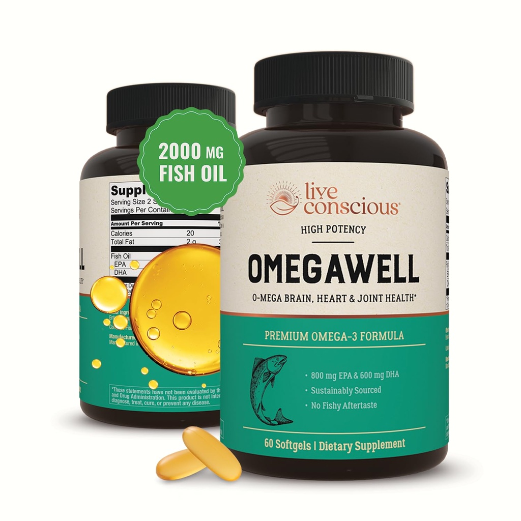 Live Agency Omegawell Omega 3 鱼油 - 2000 mg Capsules:心脏,大脑,和联合支持 - 800 mg EPA 600 mg DHA - 可持续来源 - 软胶 - 30天供应