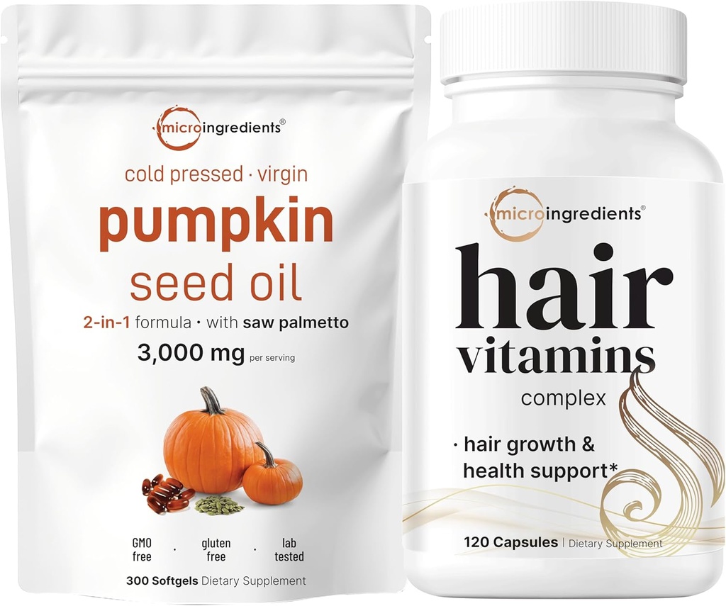微成品 南瓜种子油 用Saw Palmetto 3000mg 软胶和卷发维生素 复合型 Capsules → 2 Pack Bundle → 冷压处女油 → 14-in-1 毛发生长支持 Collagen & Biotin