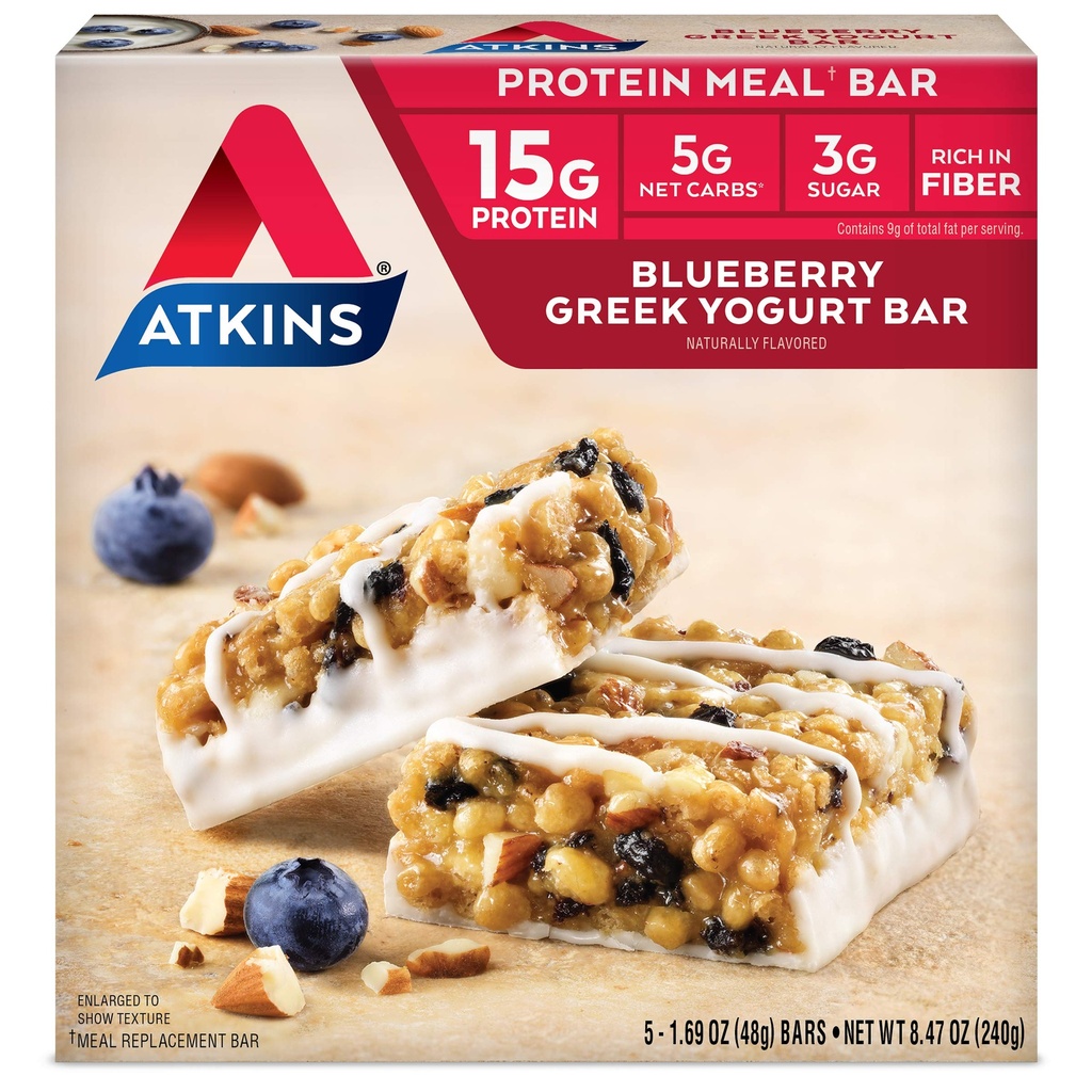 Atkins Blueberry Greek Yogurt蛋白肉条,高纤维,15g蛋白,3g糖,5g Net Carbs, Meal 替换, Keto Friend, 5 Count