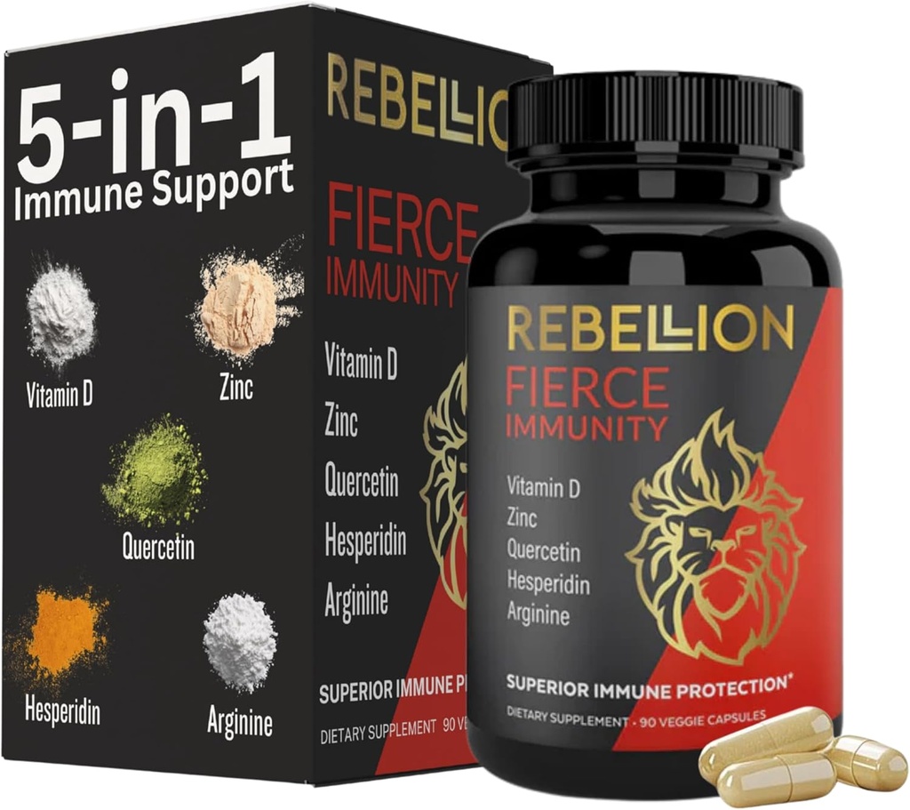 5-in-1 Fierce豁免补编、免疫支助补编和成人助剂、维生素C、Quercetin、维生素D、锌、L-Arginine、Hesperidin、豁免支助、90卡普尔(1个月供应)