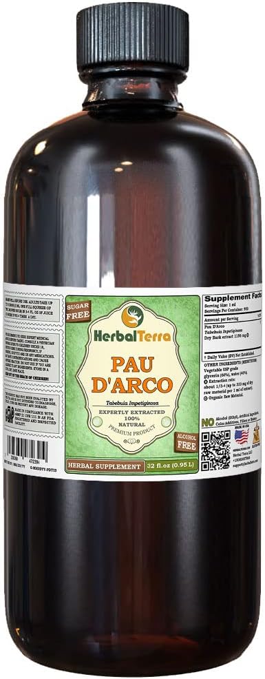 PAU d'arco (Tabebuia Impetiginosa) Glycerite, Dried Bark 无酒精液体提取物(Brand name:Herbalterra, Proudly made in USA) 32 fl.oz (0.95 l) (英语).