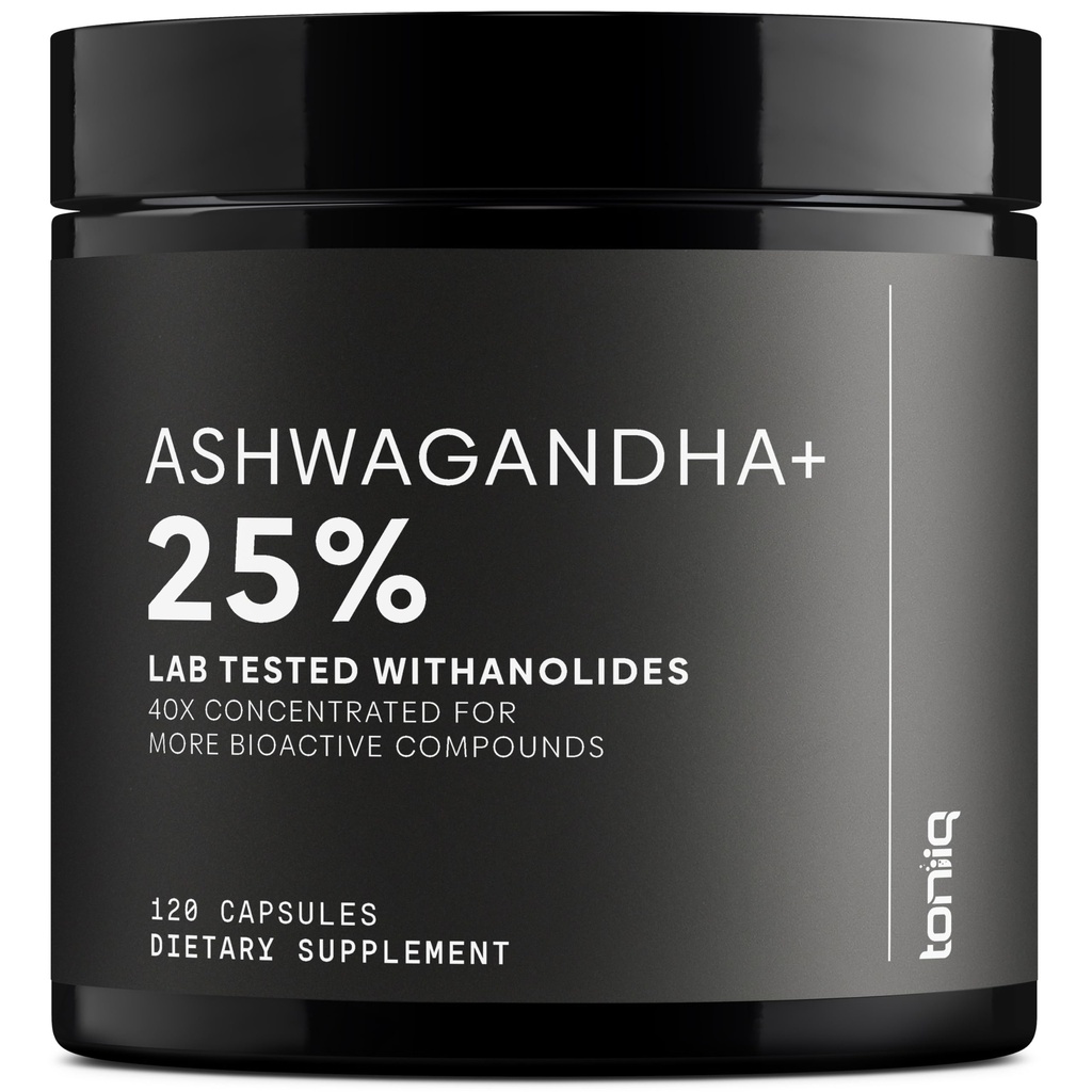 Toniiq Ashwagandha — — 40:1 集中抽取 — — 25% Withanolides — — 印度的野生采伐 — — 与黑辣椒的高度生物利用 — — 第三方测试 — — 120 capsules — 1 300 mg/ service