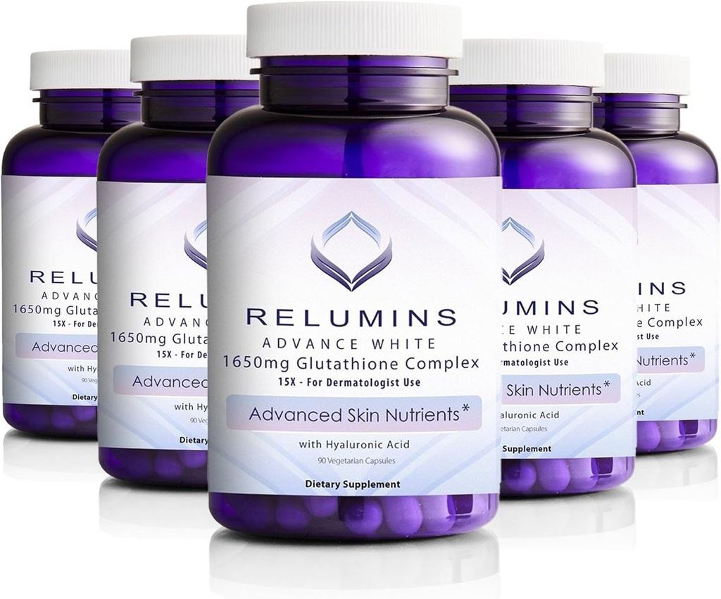 含有Hyaluronic酸、Alpha Lipoic Acid、Rose HIPS、维生素E和Riboflavin、抗氧化剂支持、皮肤水解和良好,美国制造的L-Glutathione复合物 — 90 Capsules x 5瓶