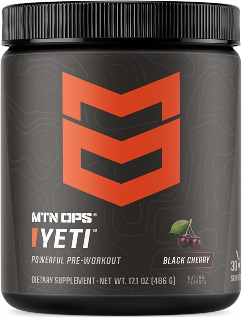 MTN OPS Yeti 预研粉末能量饮用 Creatine, 200mg Cafeine 和 BCAAs 与 Beta Alanine, 30-Serving Tub, 黑樱桃