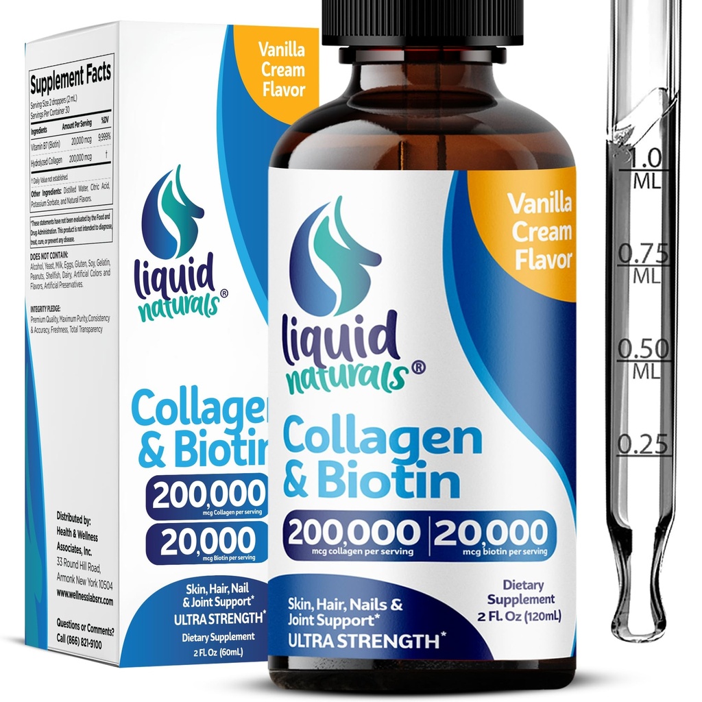 液化烯烃和生物素,2 Fl. Oz, 女性的Ultra-Strength Collagen补充剂, 女性发型生长的第三方测试生物素, Nails, 和皮肤维生素B7 Collageno Peptides – Vanilla Flavor