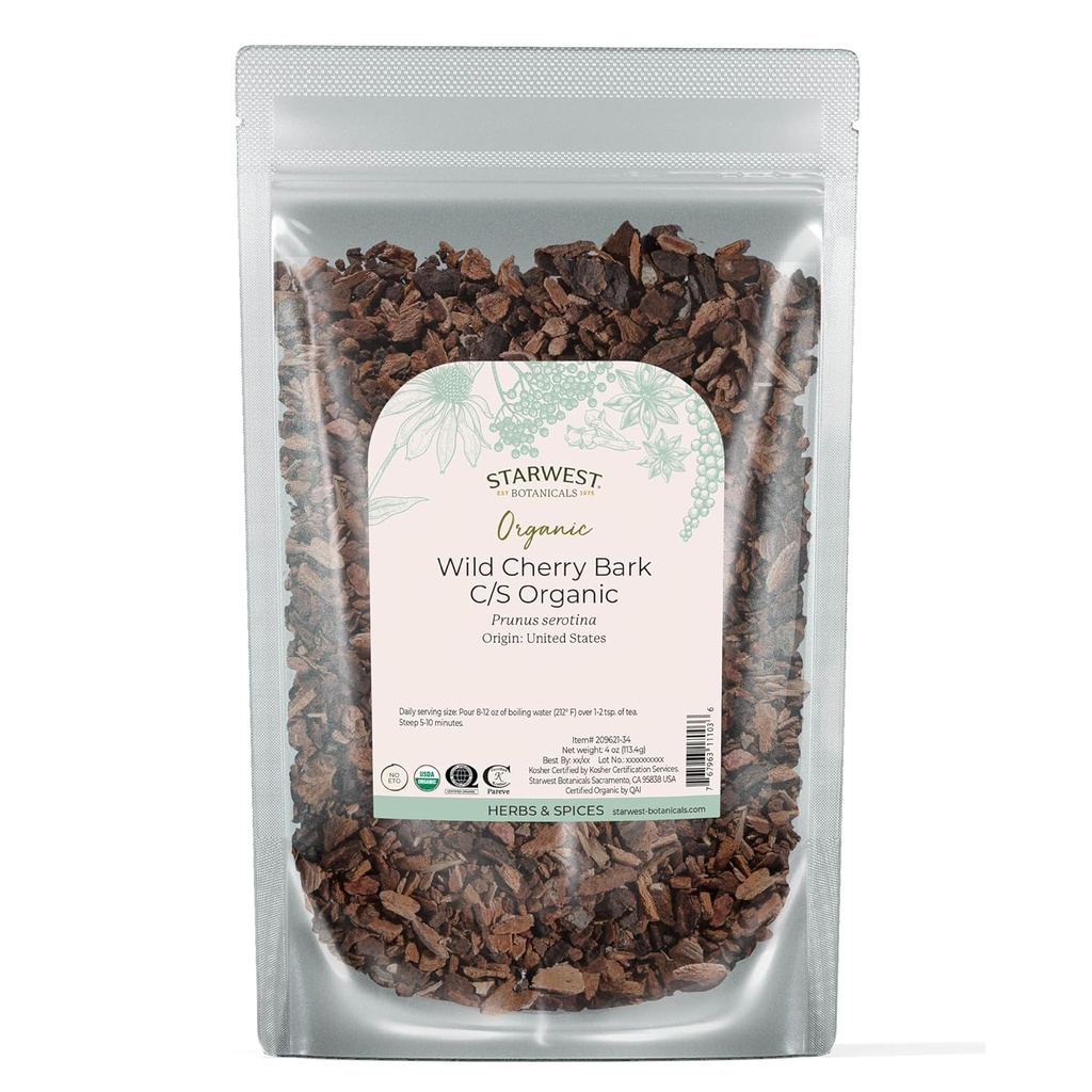 西星植物学 野生樱桃棒有机物 - 干 Loose Leaf Herb for Tea, Syrup, & Natural Herbal Blends, Prunus Serotina, Cut & Sifted, 认证 Kosher, Non-GMO - 4 oz 邮袋