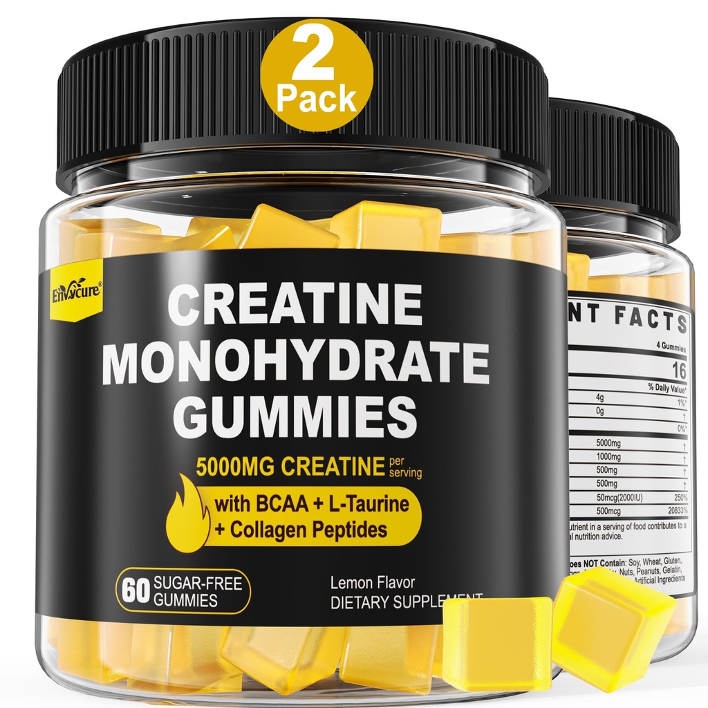 男子和女子胆汁单水合物(Creatine Monohydrate Gummys for Men and Women) - 配有BCAA,Collagen Peptides,L-Tourine,维生素B12,D3,Chewables Creatine Monohydrate 5g Perfer,天然柠檬火焰,无糖,2包