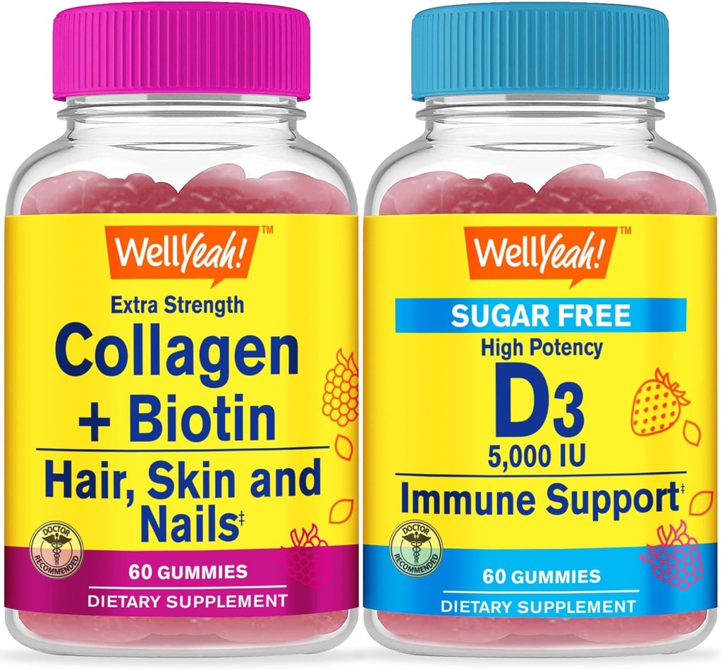 Wellyeah Collagen+Biotin + 维生素 D3 5000 IU 无糖,Gummys Bundle - 大品尝,维生素补充,Gluten Free, GMO Free, Chewwable Gummy.