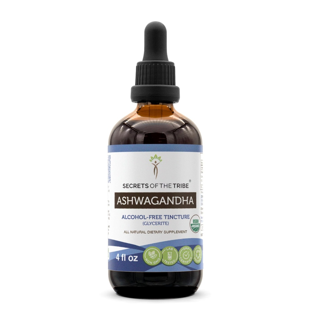 Ashwagandha USDA 有机丁香无酒精提取剂, Ashwagandha Withania Somnifera 抗压力和放松 4 OZ