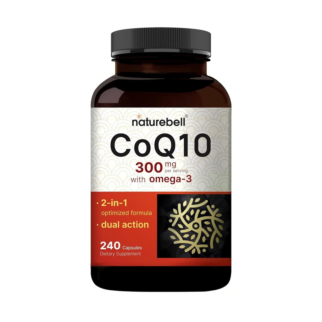 NatureBell CoQ10 300mg 配 Omega 3, 240 Capsules - 120日供应 QQ 稳定高吸收形式 – 抗氧化剂支持心脏与能源健康 – 额外强度 Coenzyme Q10 补充