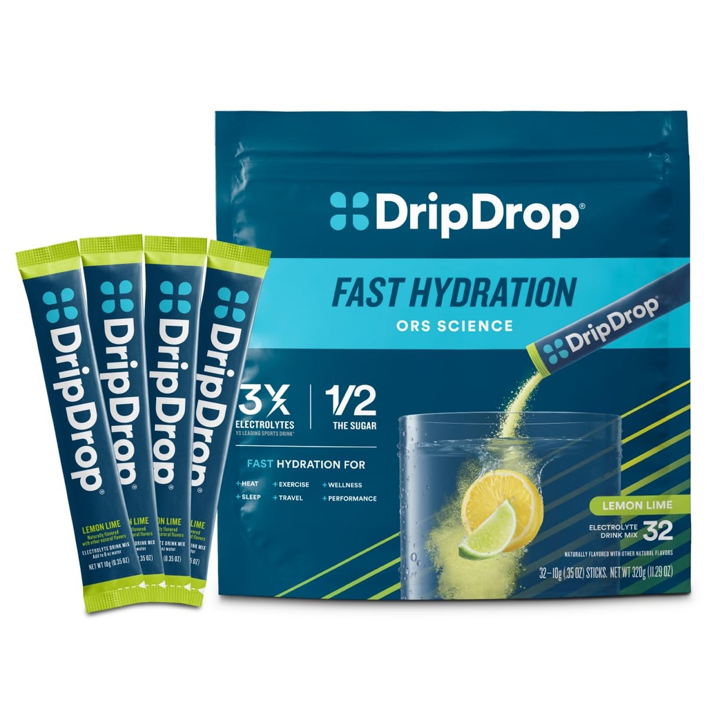 DripDrop水利包 - 柠檬莱姆 - 单服务电解石粉饮品混合剂 - 非GMO, Gluten Free, Vegan - 32棒