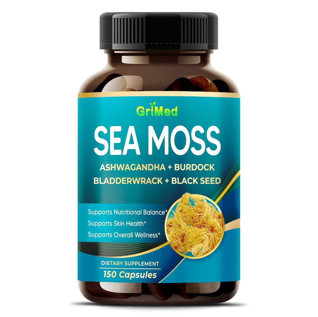 Premium Sea Mos with Ashwagandha, Burdock Bladderwrack, 黑种子换免疫系统, 皮肤, 文摘和能源美国制造(150 Counter of 1)