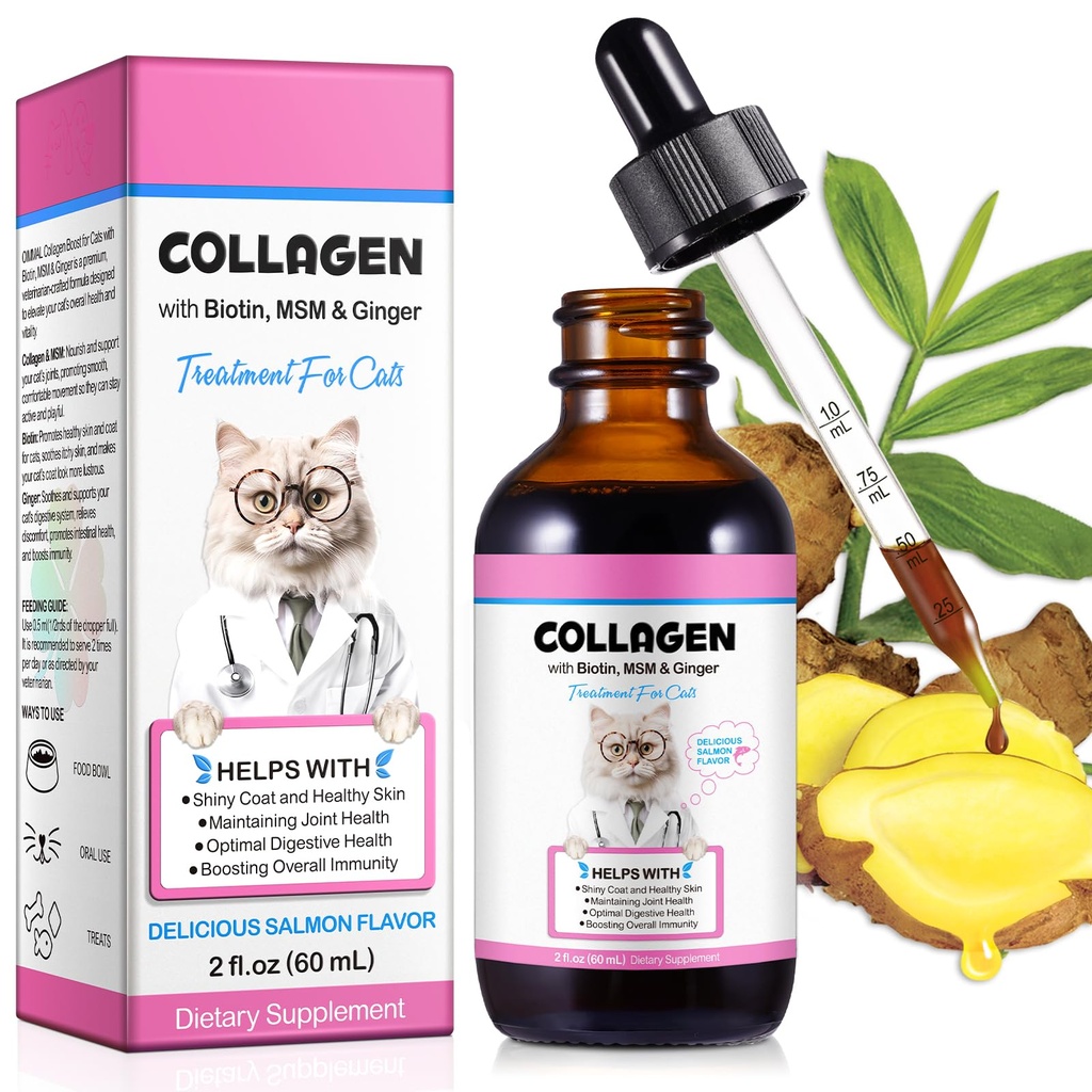 Collagen for Cats, Cat Collagen Liquid Drops for Cat with Biotin, MSM & Ginger 消化和豁免支持, Itch Relief, Skin & Coat and Joint Health, Cat Supplement 60ml (缩写), Cat Supplement 60ml