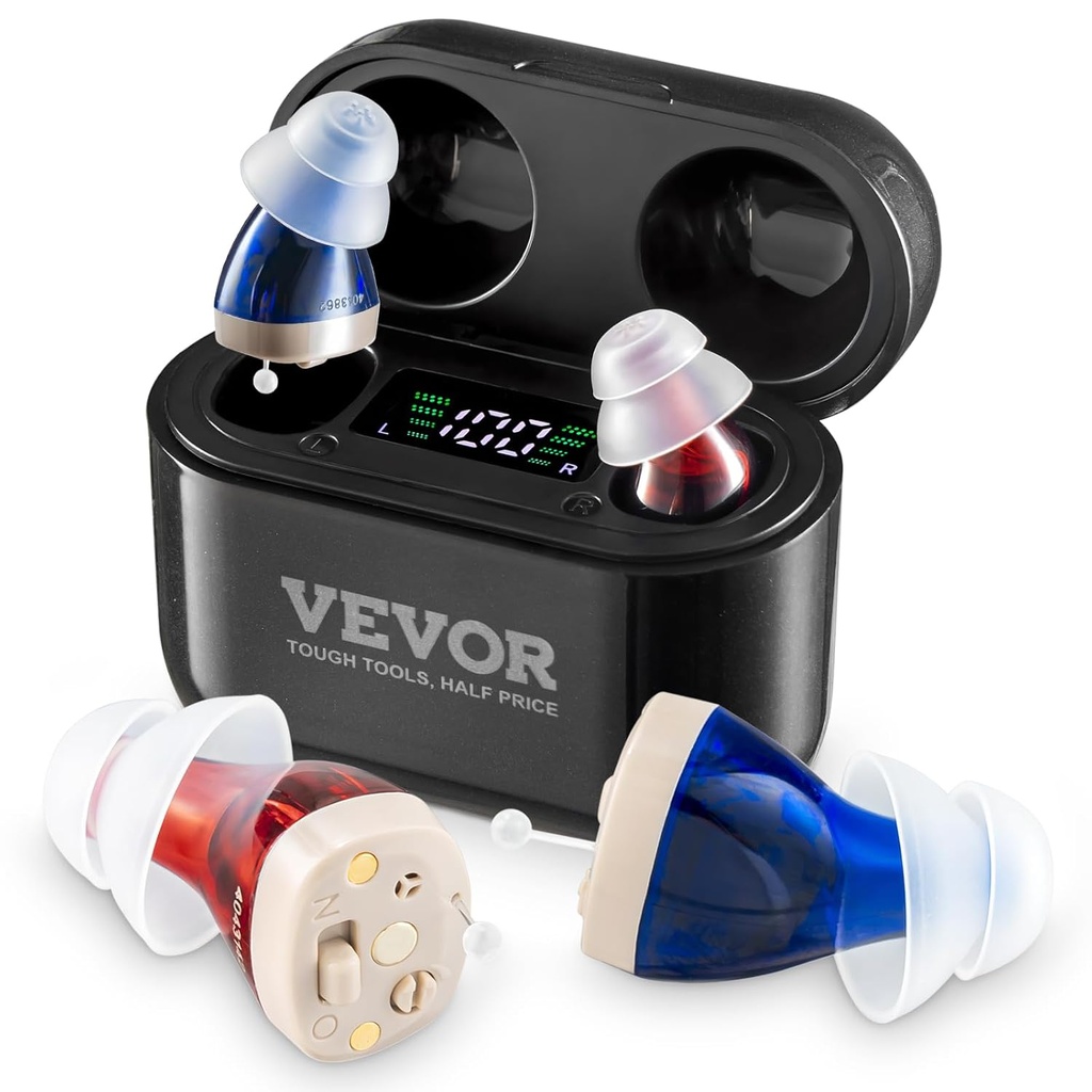 VEVOR 老年人听力辅助器、带有噪声取消和音量控制的可充电听力放大器、带有充电箱的数字耳内听力辅助装置和8对耳穹