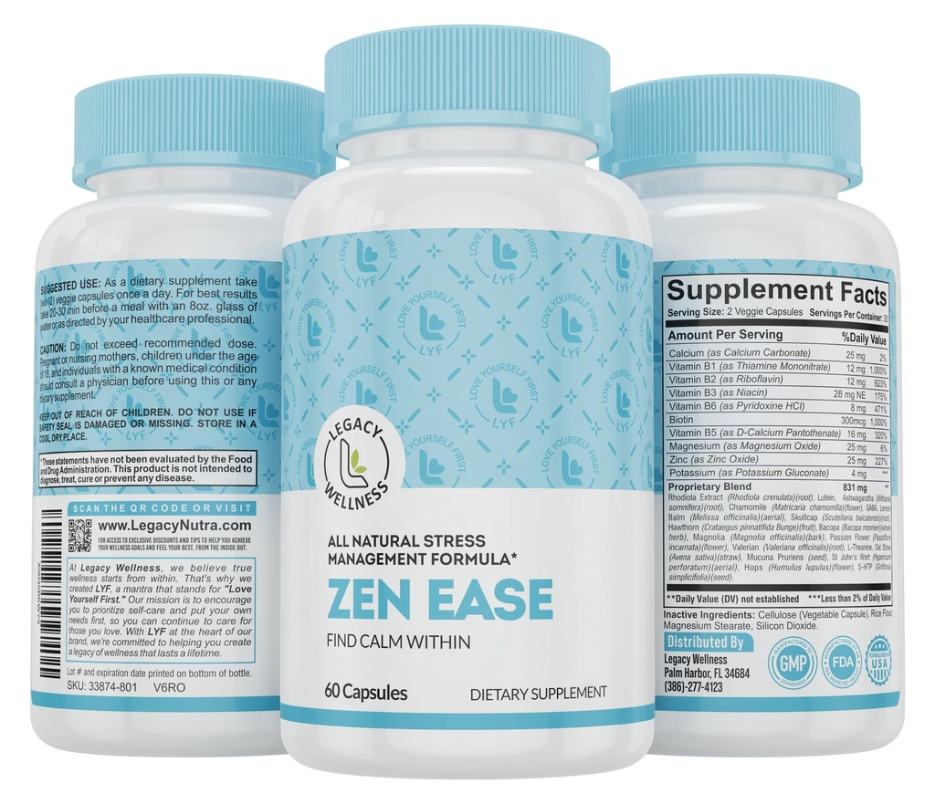 遗产健康  Zen Ease Calm Mind Supplement - Natural Vegan公式 - 5-HTP, Ashwagandha, St. John's Wort, L- Theanine, Magnesium, B-维生素 - Capsules to production a good feel of Peace (英语).