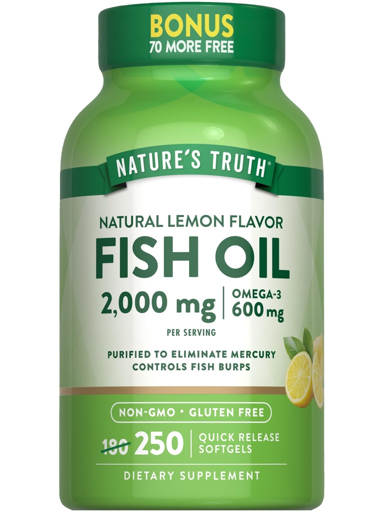 天然真鱼油 2000 mg → 600 mg Omega 3 → 250 软胶 → 天然柠檬 Flavor → Non-GMO 和 Gluten 免费补充品