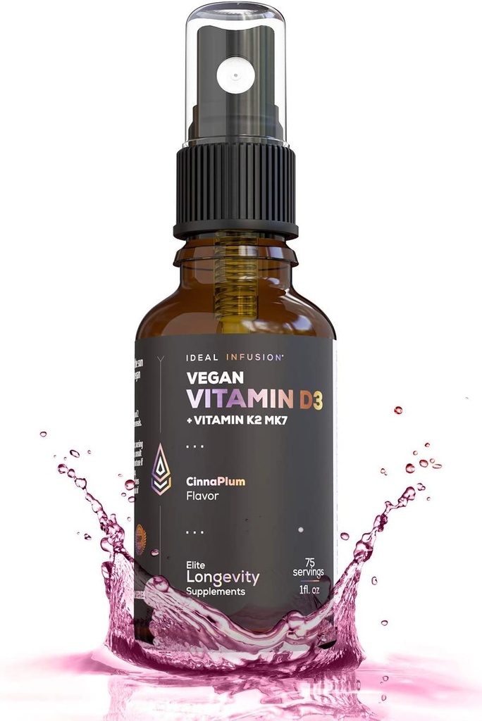 理想的Vegan Vitamin D35000iu与K2(MK-7)液体喷雾:有机Plum与肉桂——骨质健康,免疫支持,骨质结构(75种服务)