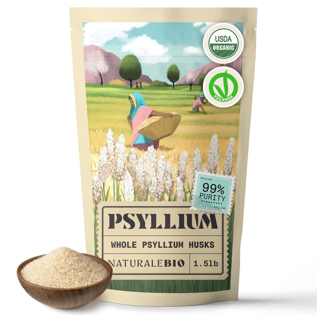 NatureBio 整体 Psyllium Husk. 1.5磅 99%纯 Psyllium种子 Husks. 天然纤维补品. USDA 有机认证. 产于印度. Gluten Free, Keto, Paleo, Vegan 饮食公司. 抗生素