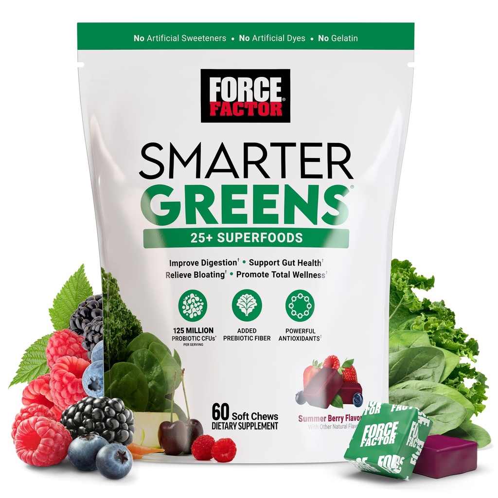 FORCETOR Smarter Greens 超级食品 厨师、绿色和超级食品 配有抗生素、抗氧化剂和纤维 支持消化的绿色补充剂 Nitric Oxide和能源 60软厨师