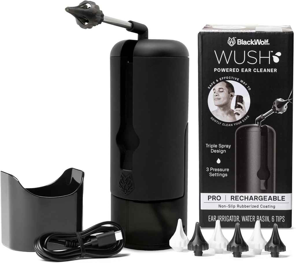 Wush Pro 由黑狼- 豪华水力发电耳机 清洁- 安全- 有效- 电动三重喷气流 3 压力设置 用于耳蜡积聚-耳蜡清除 Kit- 水阻 USB 可充电