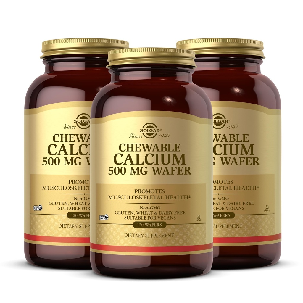 Solgar Chewable Calcium 500 mg - 120 mg - 120 Wafers, pack of 3 - 促进肌肉骨骼健康 - 非GMO, Vegan, Gluten, 小麦和乳品免费, Kosher - 180 总服务