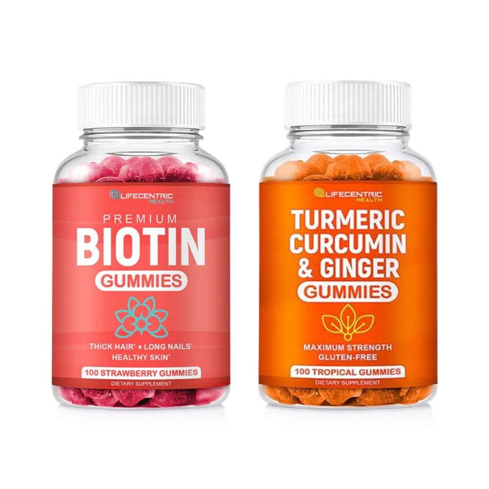 Biotin & Turmeric Vegan Gummys Combo 最大强发生长,皮肤健康,以及整体健康 1000mcg Biotin & 95% 标准化 Turmeric Curcumin → 天然,非GMO 和 Gluten 免费补充