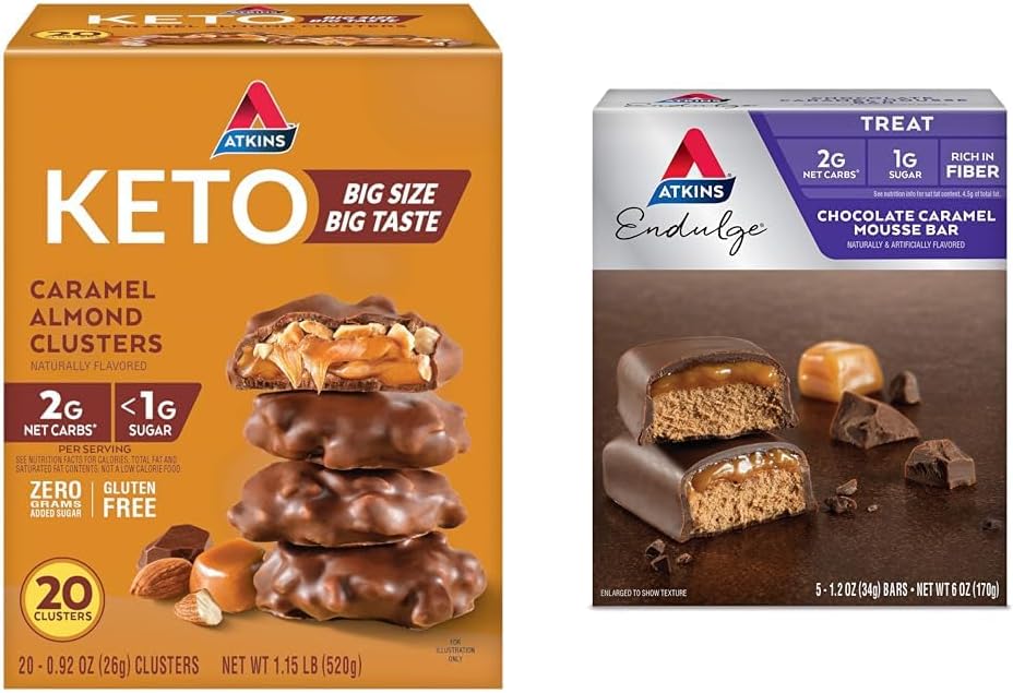 Atkins Caramel 杏仁集團, Gluten Free, 高纤维, 1g 糖, 2g Net Carb, Keto Friendly, 20 Counter & Endulge Cocolicamel Mousse Bar, 甜点味, 1g 糖, 高纤维, 5 Counter