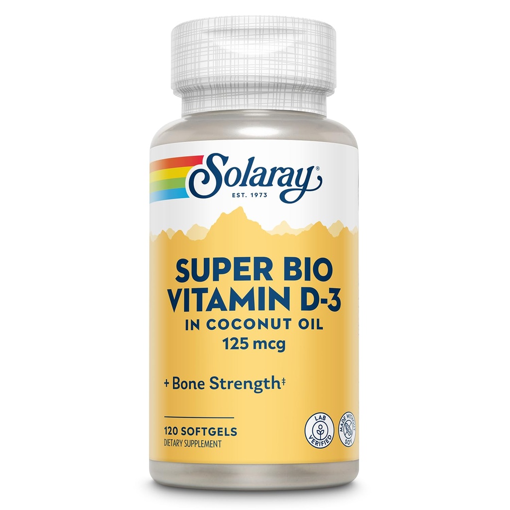 椰油中的SOLARAY 超级生物维生素D3 - D3 维生素5000 IU - 骨质健康和免疫支持补充剂 - 实验室验证,制作Wtihoot Soy,60天保障 - 120软胶,120服务