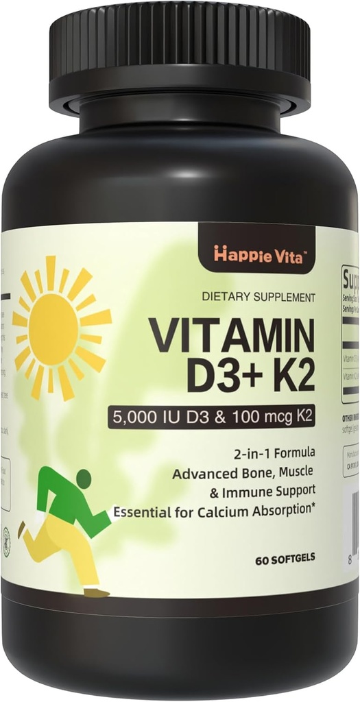 维生素D3 K2,维生素D35000 IU(125 mcg) +维生素K2 100 mcg,2 in 1 D3和K2 补充骨、牙齿、肌肉和免疫健康支持,60软胶